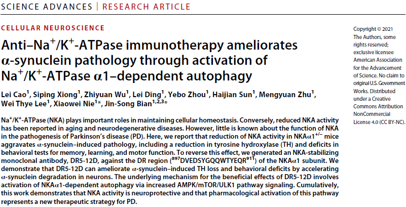帕金森病治疗新发现！新国大苏研院卞劲松团队在《Science》子刊发表科研成果